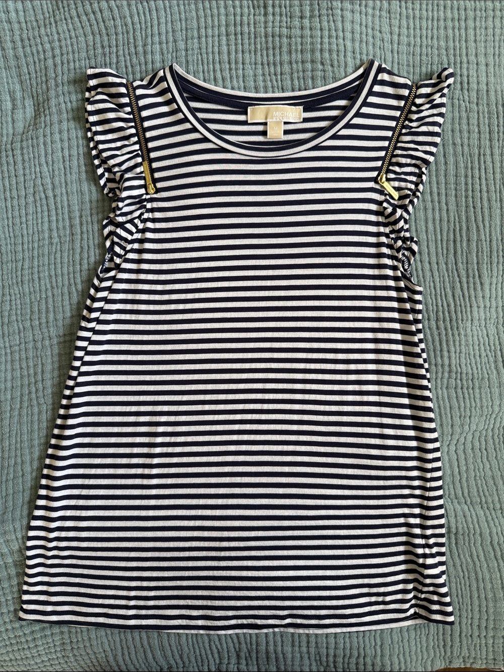 Michael Kors Navy & White Stripe Ruffle Top with Flutter Sleeve & Zipper Detail